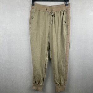 Pure Navy Womens 100% Linen Jogger Pants Olive Green Ribbed Trim Medium Relaxed